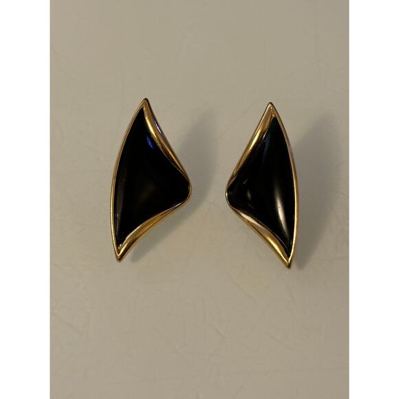 Vintage Trifari Statement Earrings Gold Tone Black Enamel - Picture 2 of 3